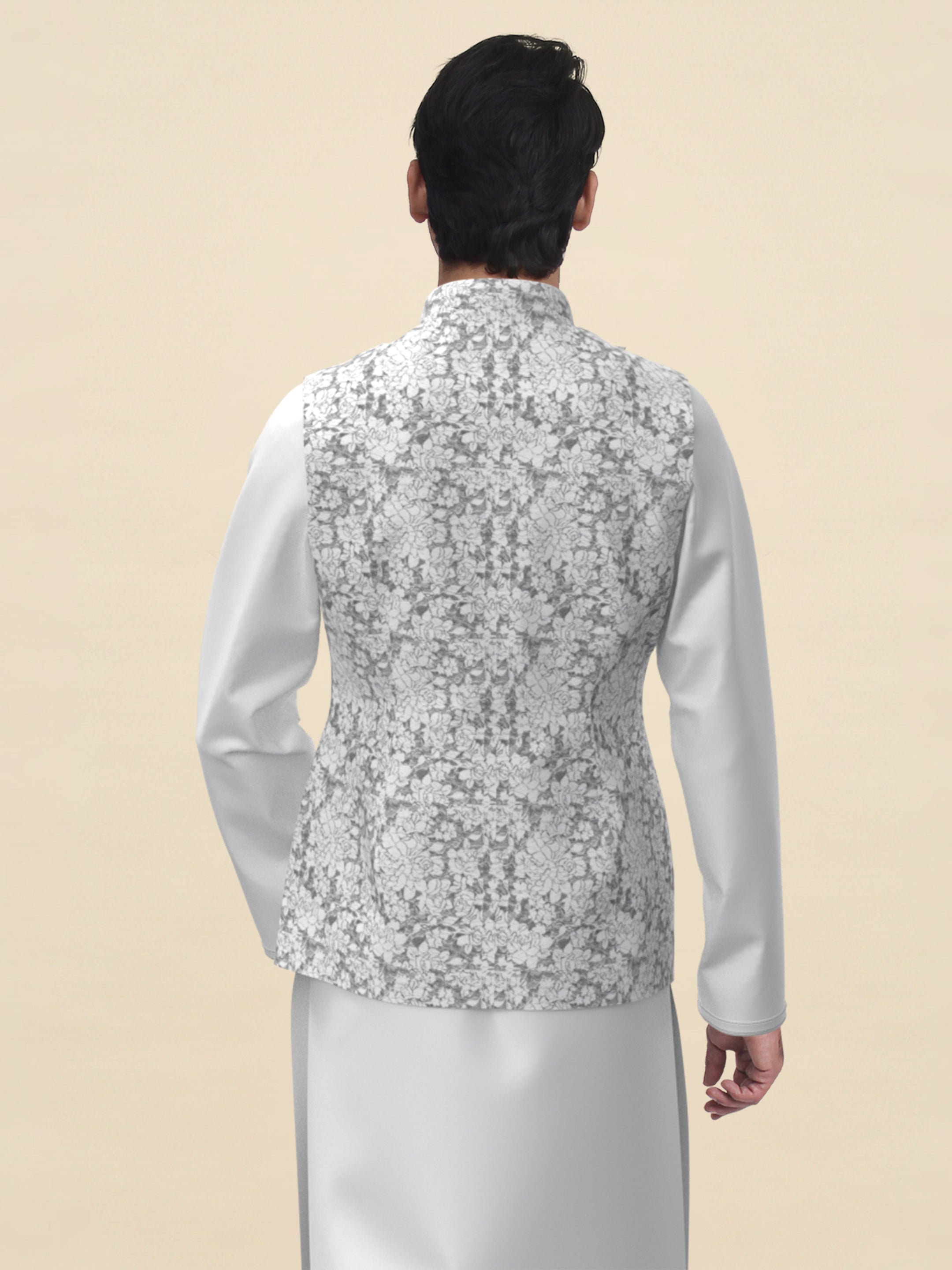 Grey Textured Jacket with White Kurta