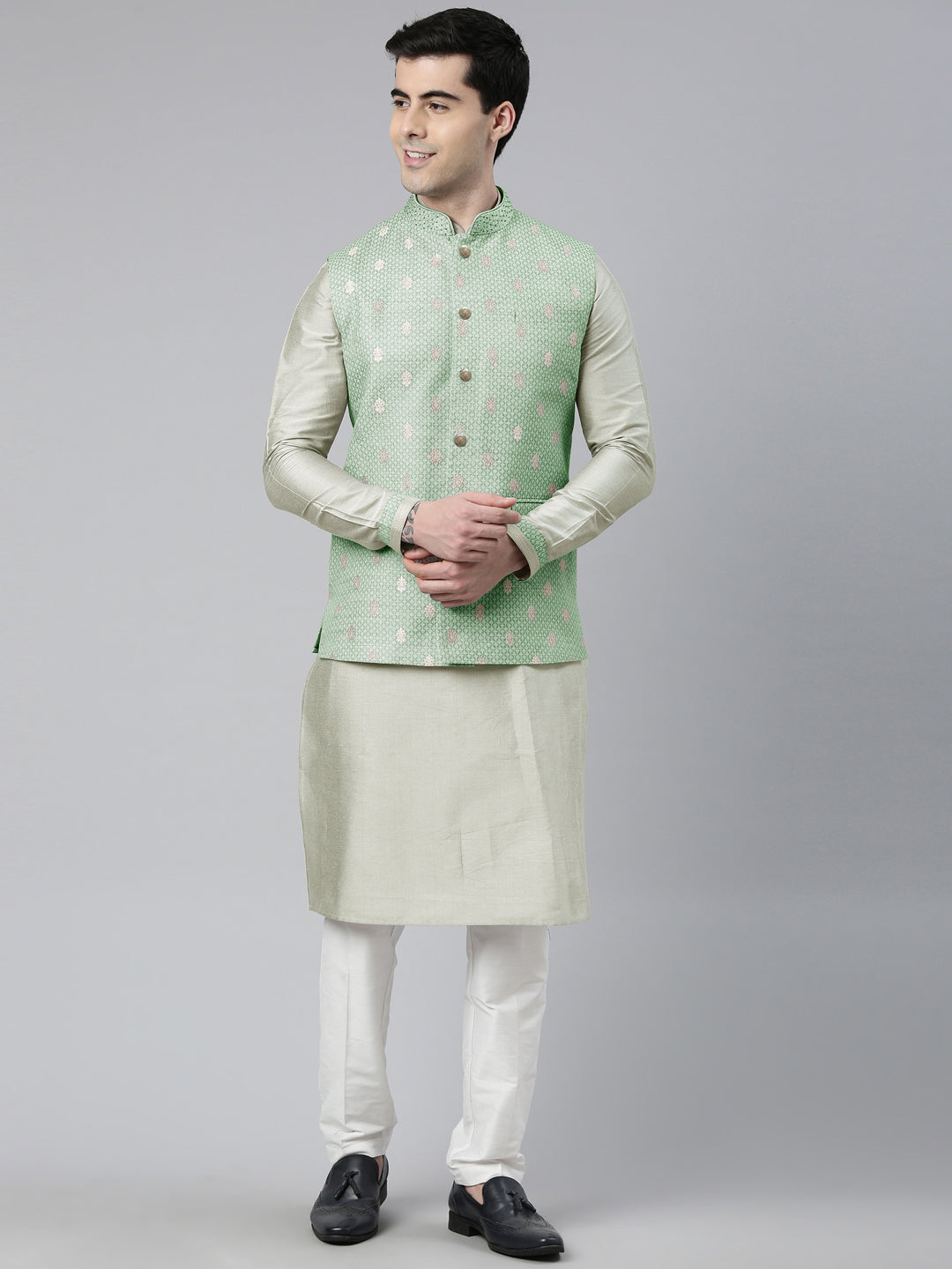 Green Chanderi Booti Jacket With Kurta Set