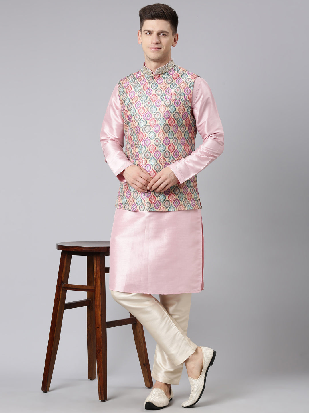 Beige Ikat Print Jacket With Pink Kurta