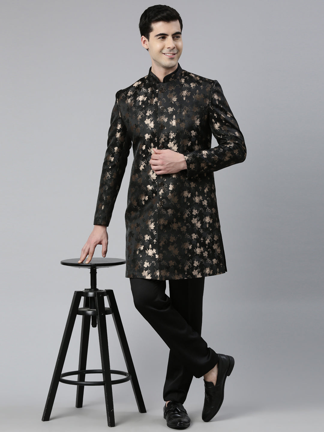 Gold Black Jacquard Indo Western with Black Pant