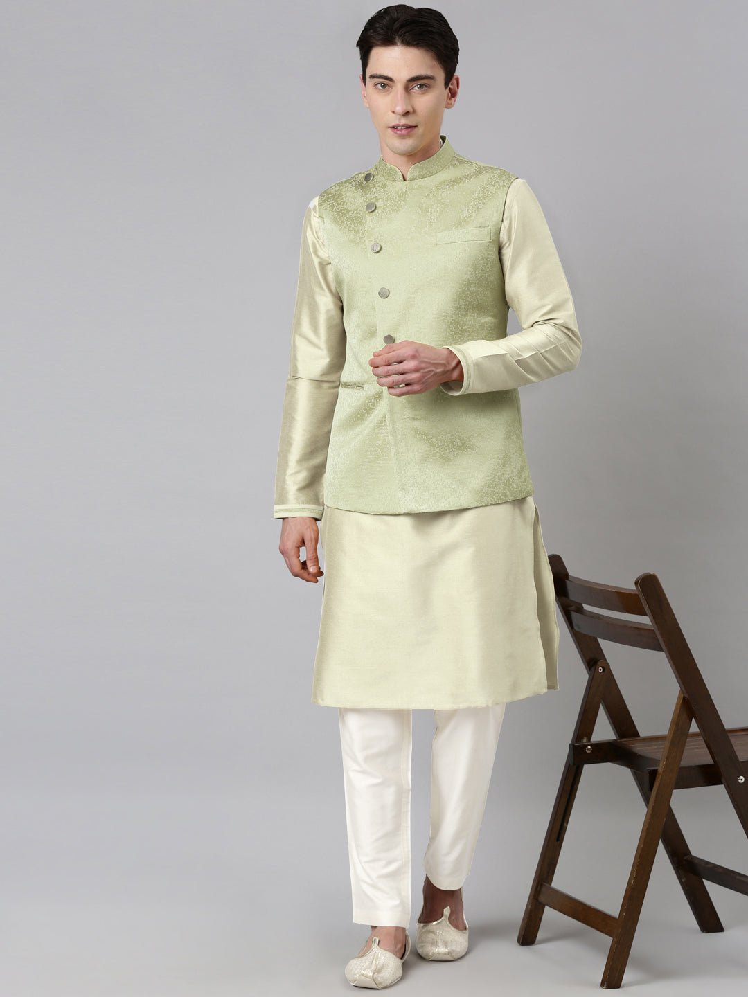 Green Jacquard Jacket With Kurta Set