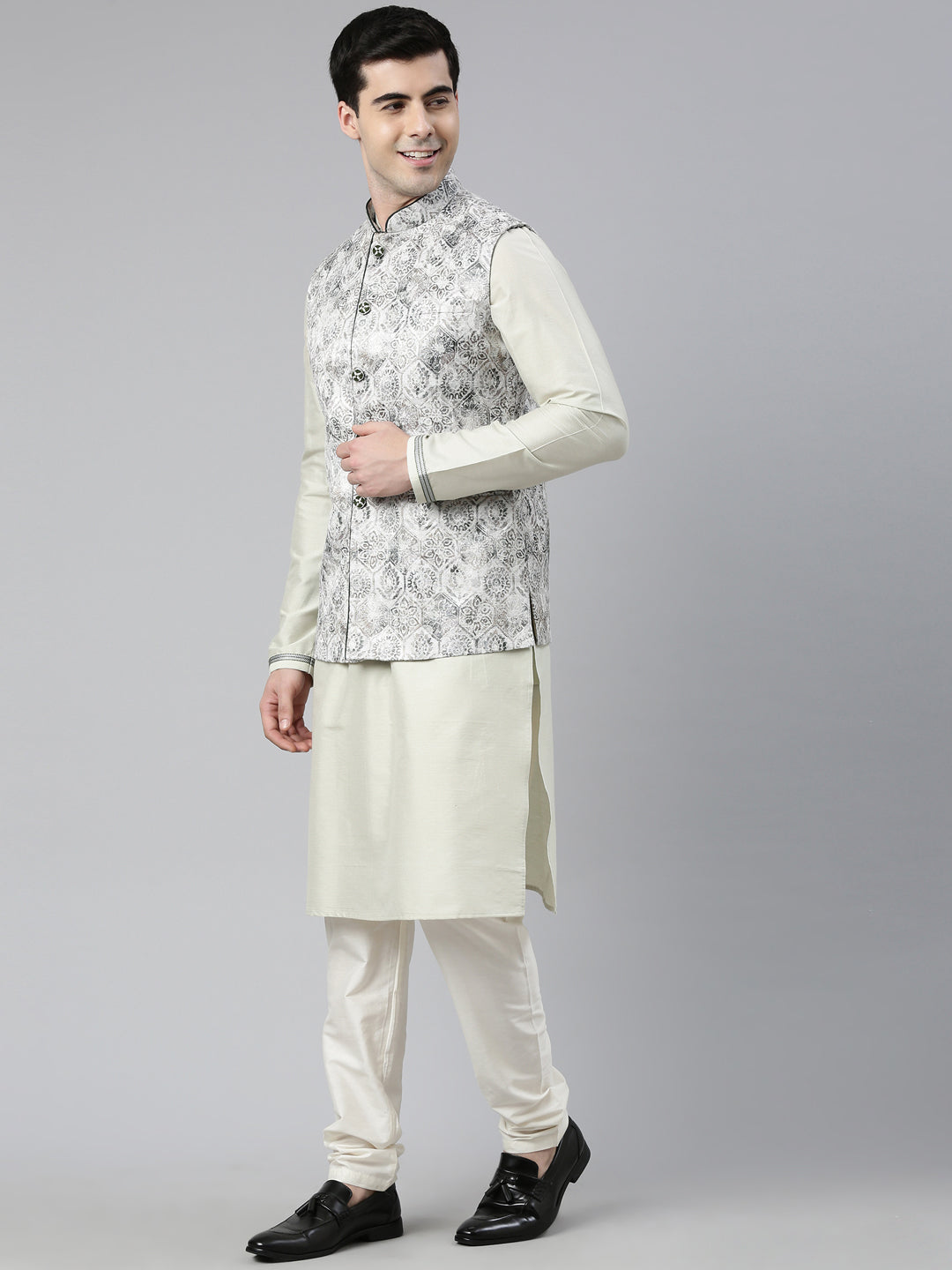 Grey Green Jacquard Jacket With  Green Kurta