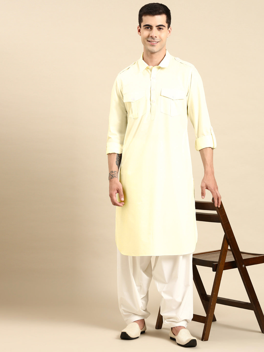 Light Yellow fine Cotton Pathani with Salwar