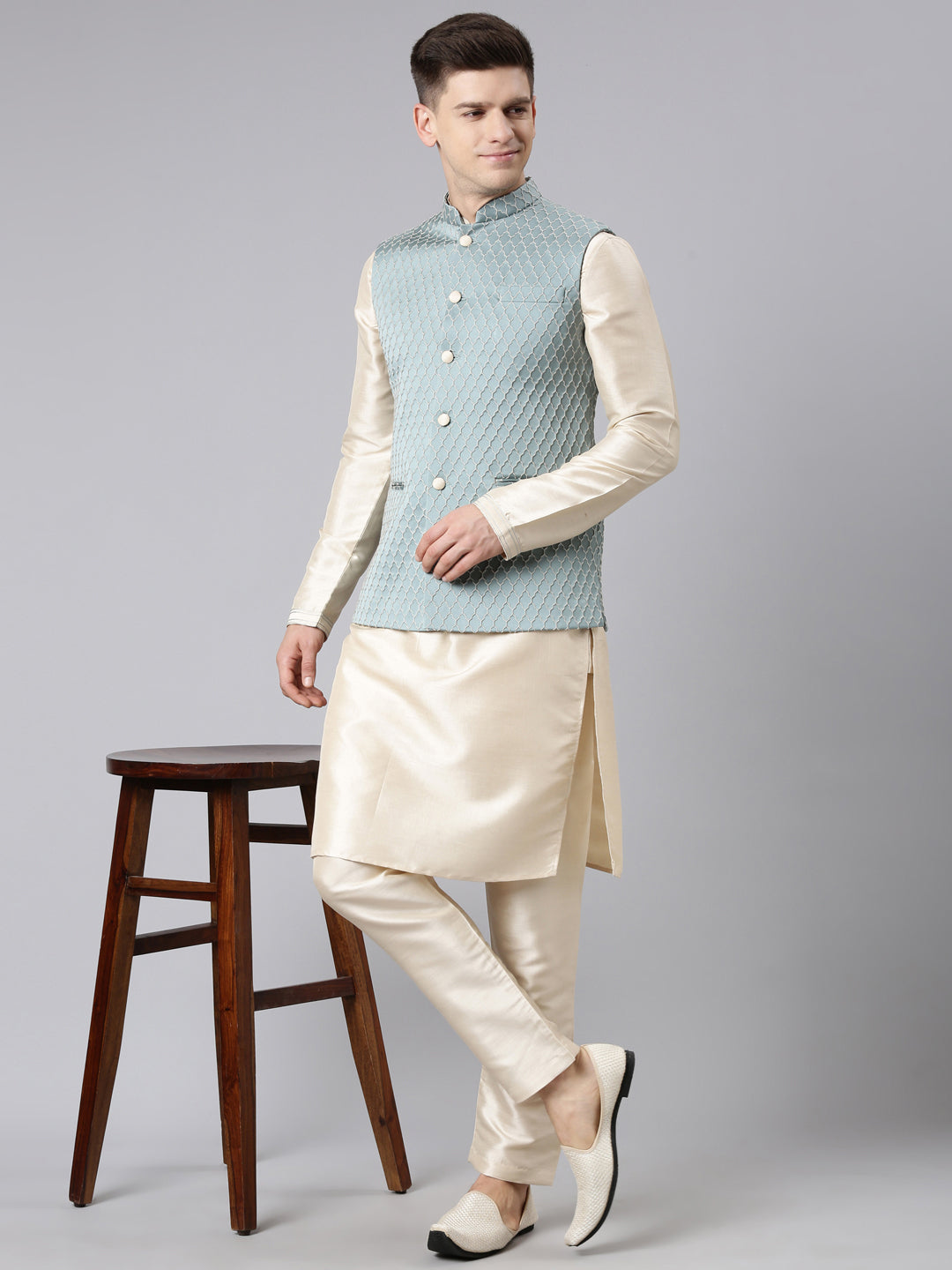 Teal Blue Jacket With Cream Kurta Set