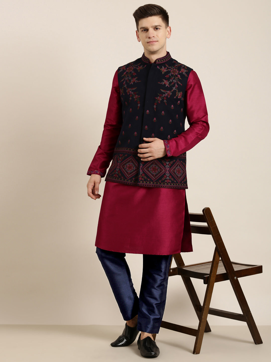 Navy Pashmina Embroidered Jacket With Maroon Kurta set