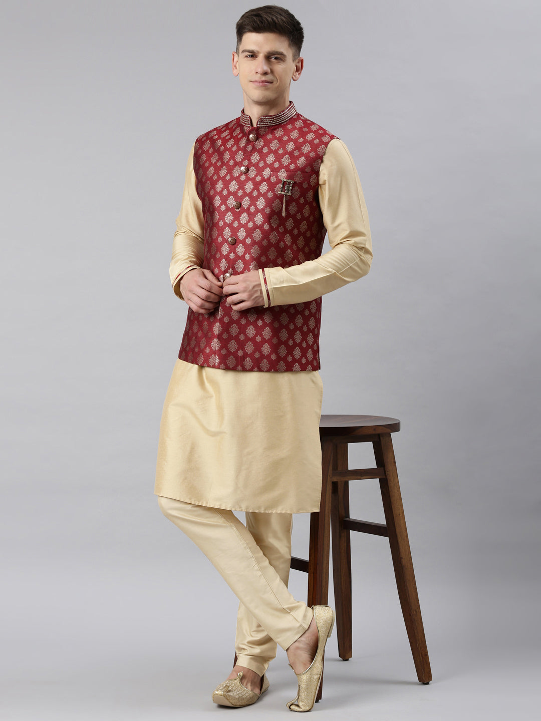 Maroon Brocade Bundi With Gold Kurta