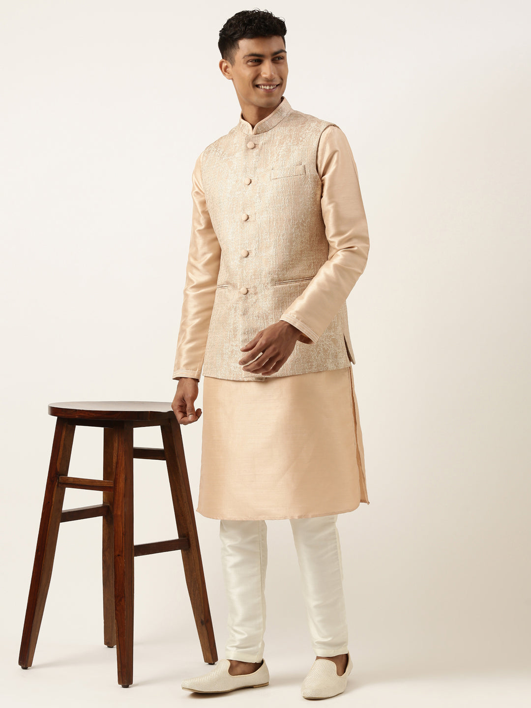 Peach Jacquard Jacket Kurta Set