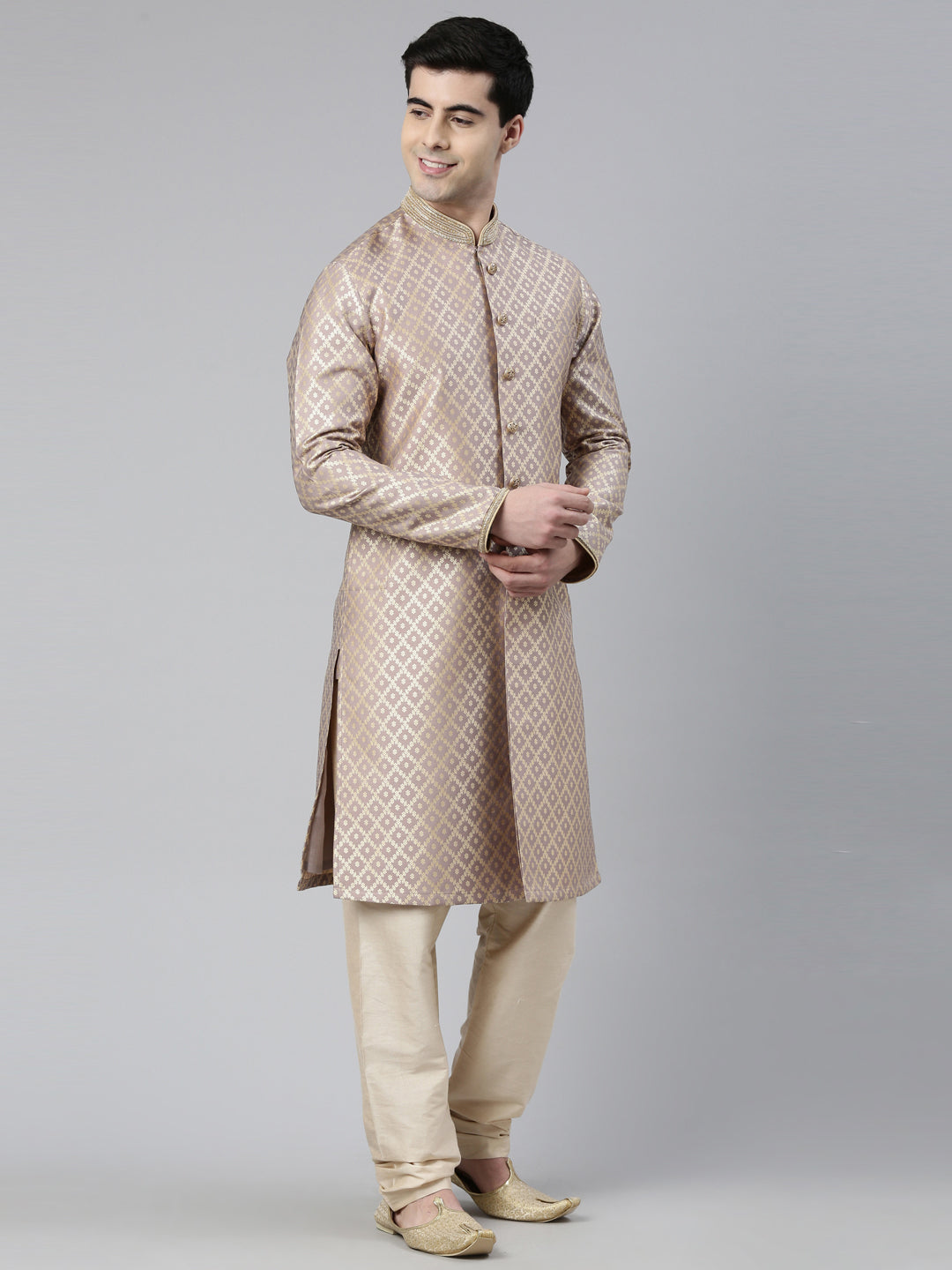 Old Rose with Golden Floral Jaal Open Kurta Set