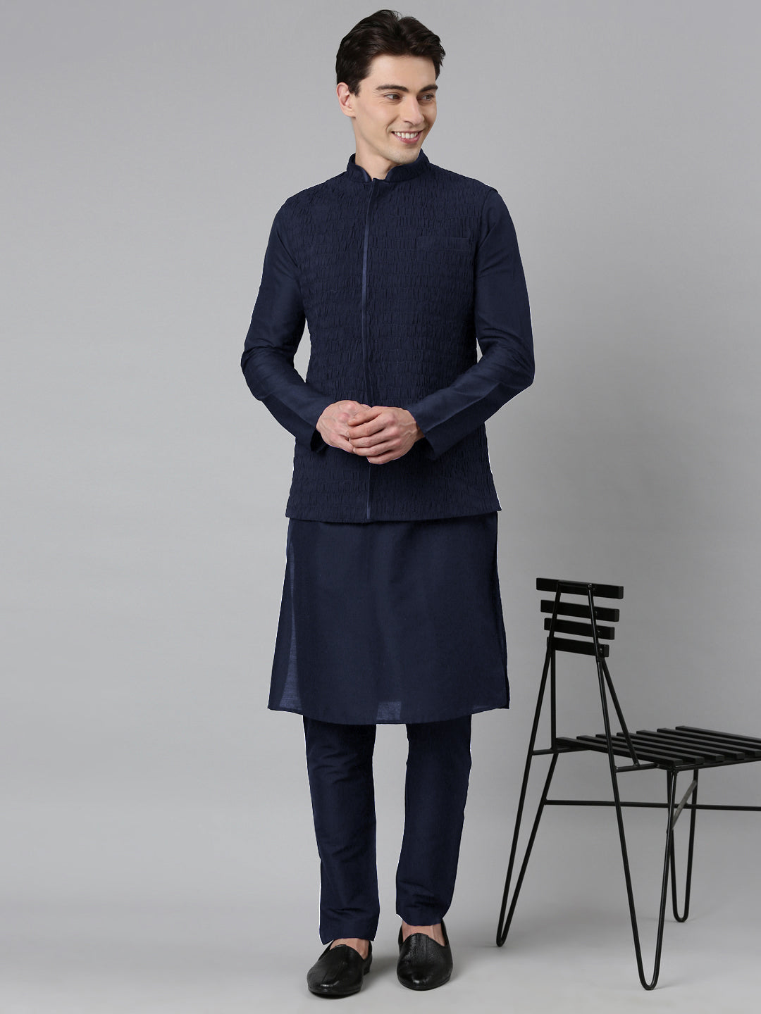 Navy Ruching Jacket Kurta Set