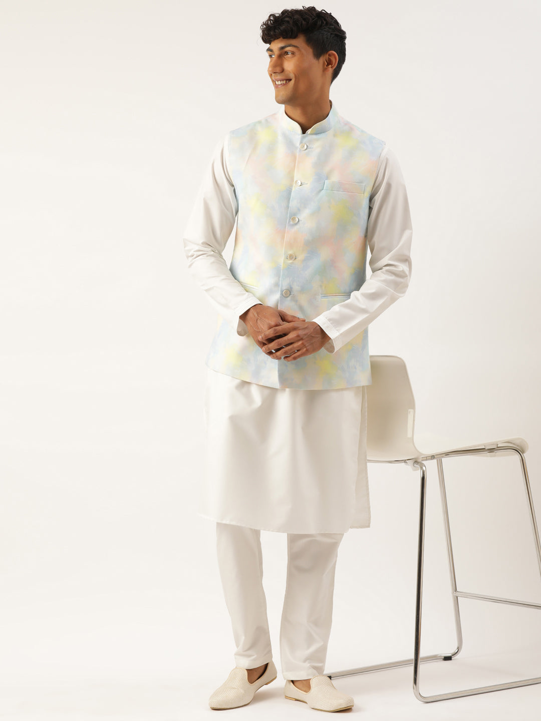 Multicolor Tiedye Cotton Jacket With Yellow Self Design Premium Cotton Kurta