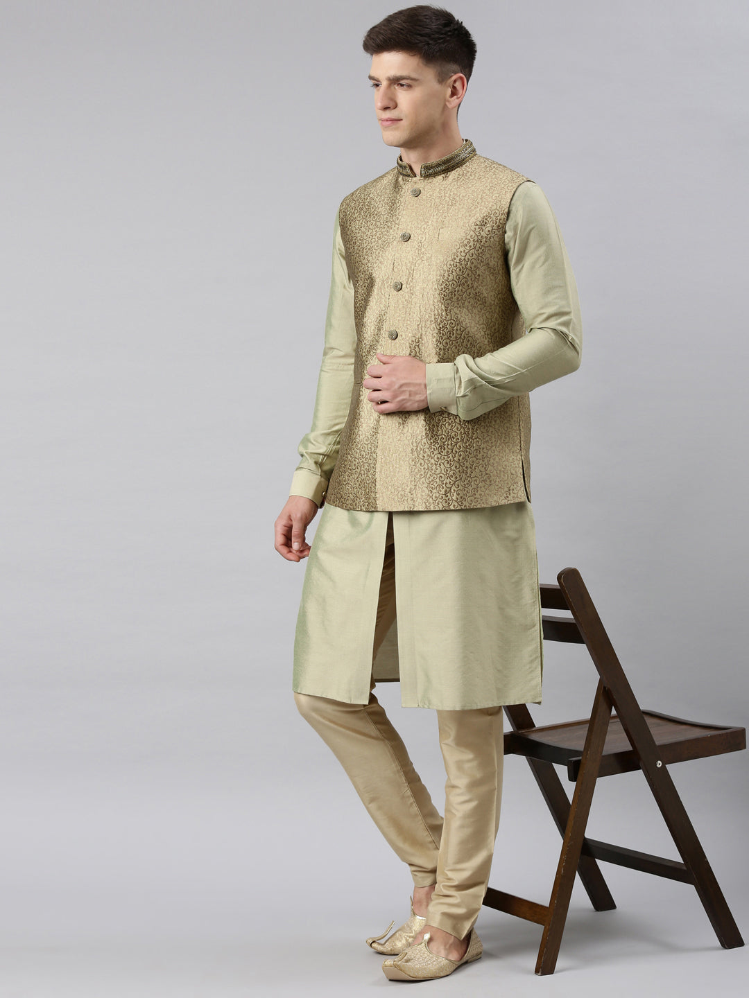 Gold Brocade Jacket With Open Style Light Green Kurta Set