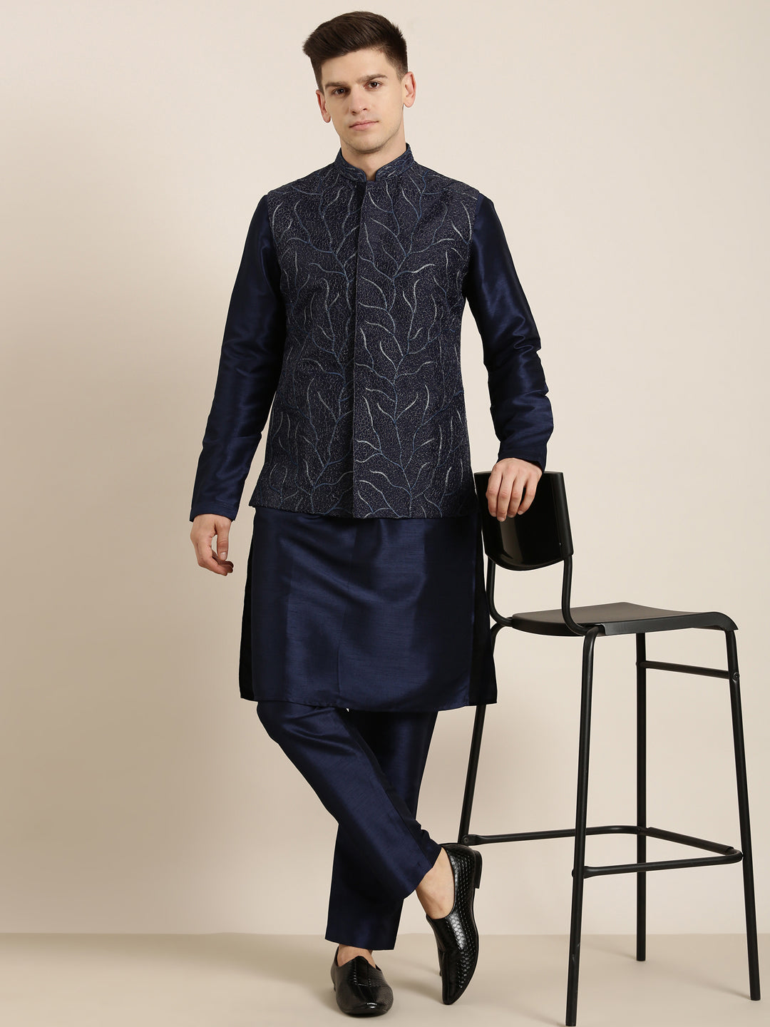 Navy Embroidered Jacket Kurta Set