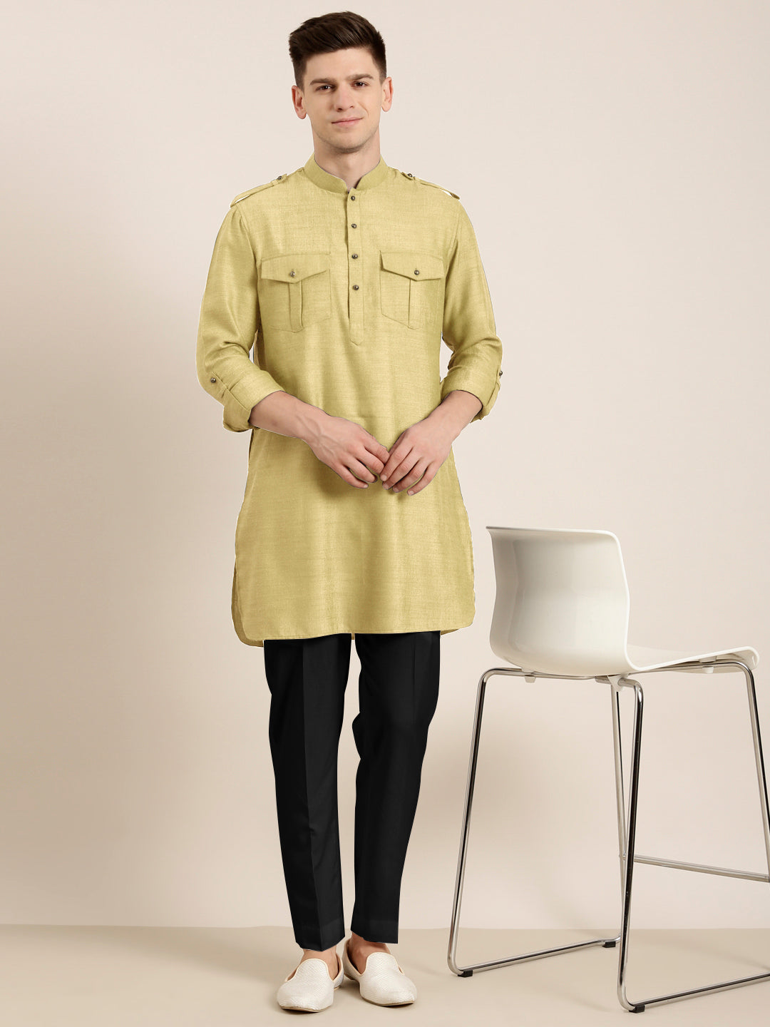 Greenish Beige cotton Short Pathani