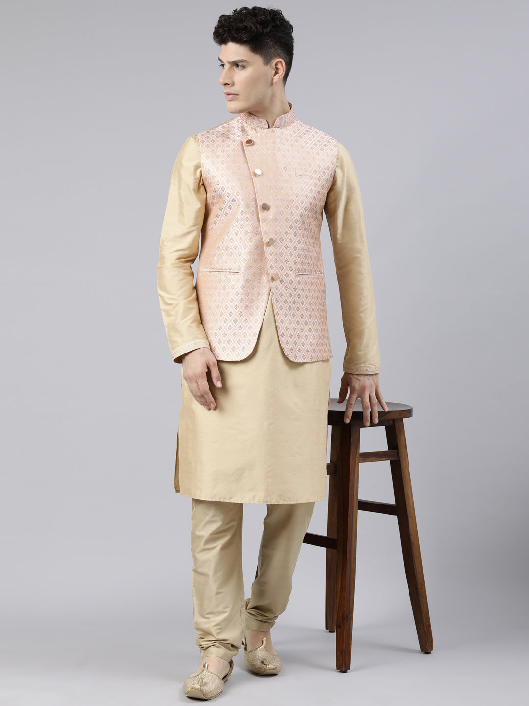 Peach Brocade Jacket With Gold Kurta