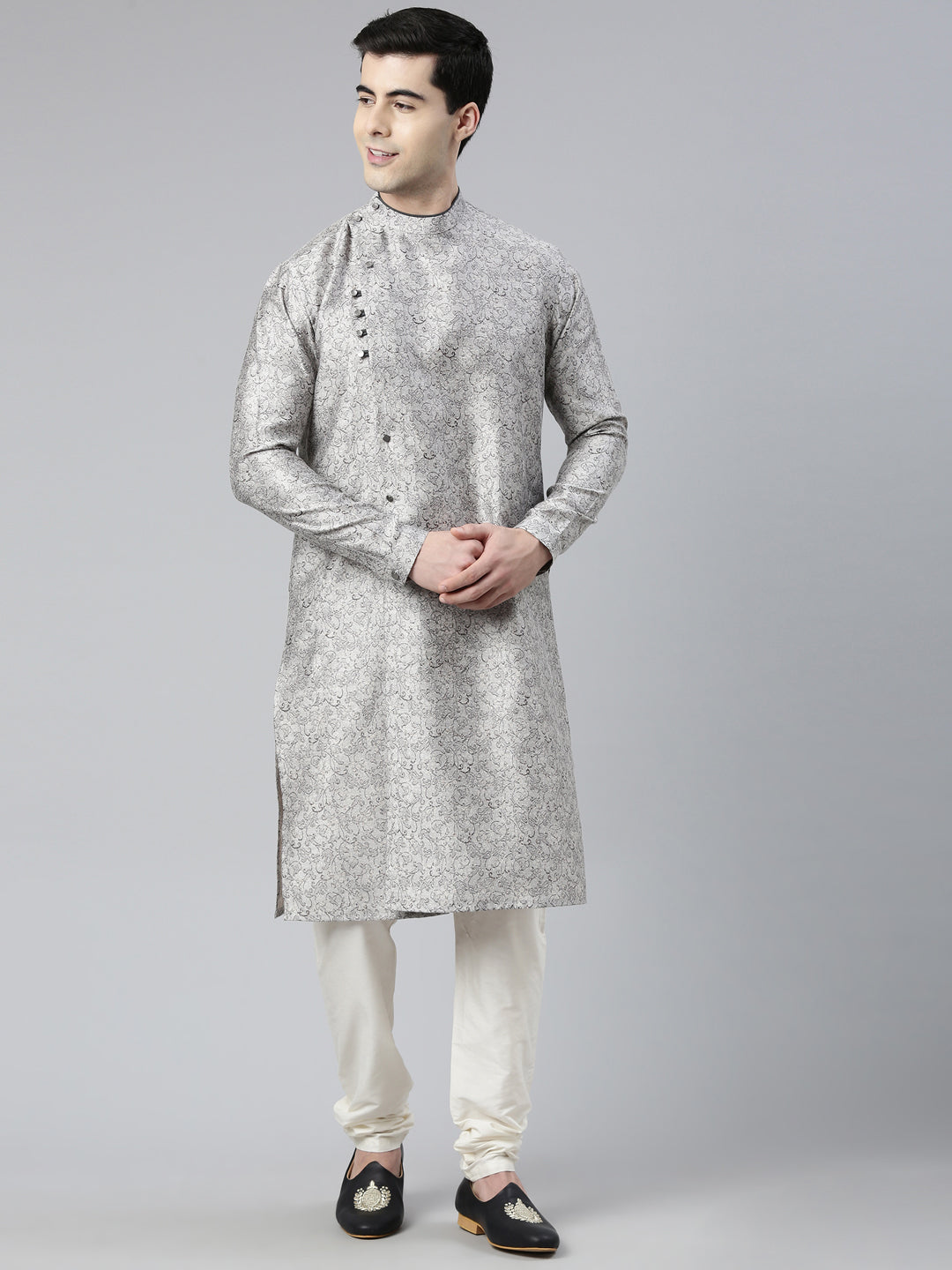 Grey Block Printed Angrakha Style Chanderi Silk kurta set