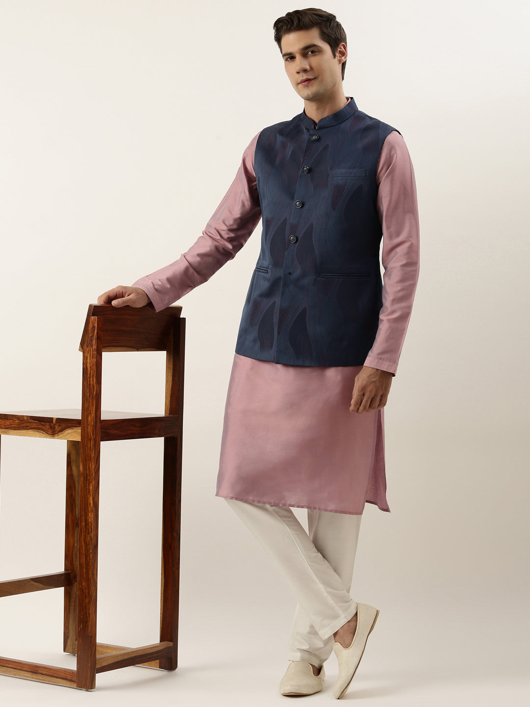 Navy Pink Jacquard Jacket With Pink Kurta