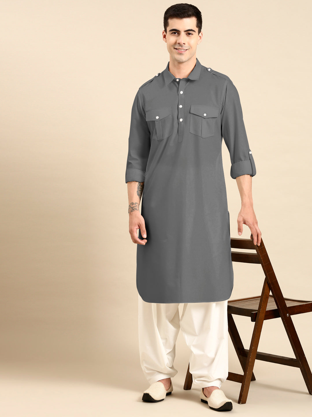 Grey fine Cotton Pathani with Salwar