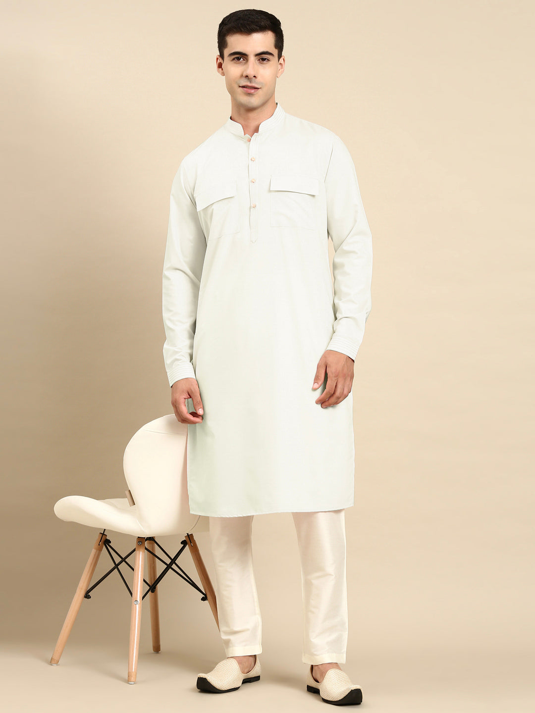 Cream Cotton Pathani Kurta Set with Patch pocket