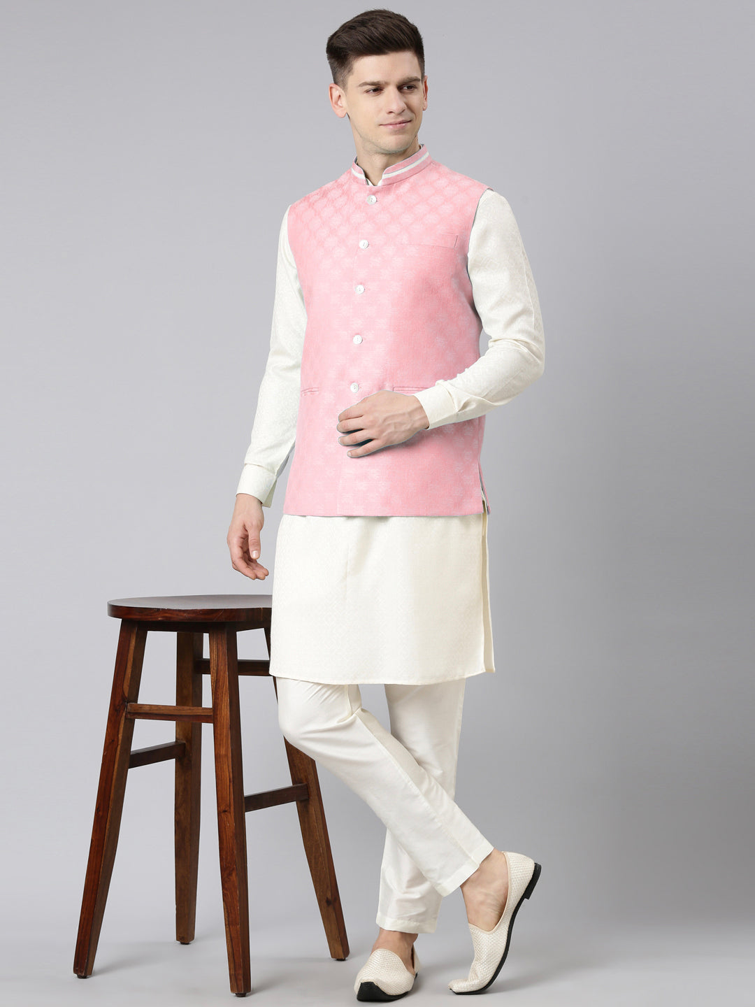 Pink Cotton Jacquard Jacket Kurta Set