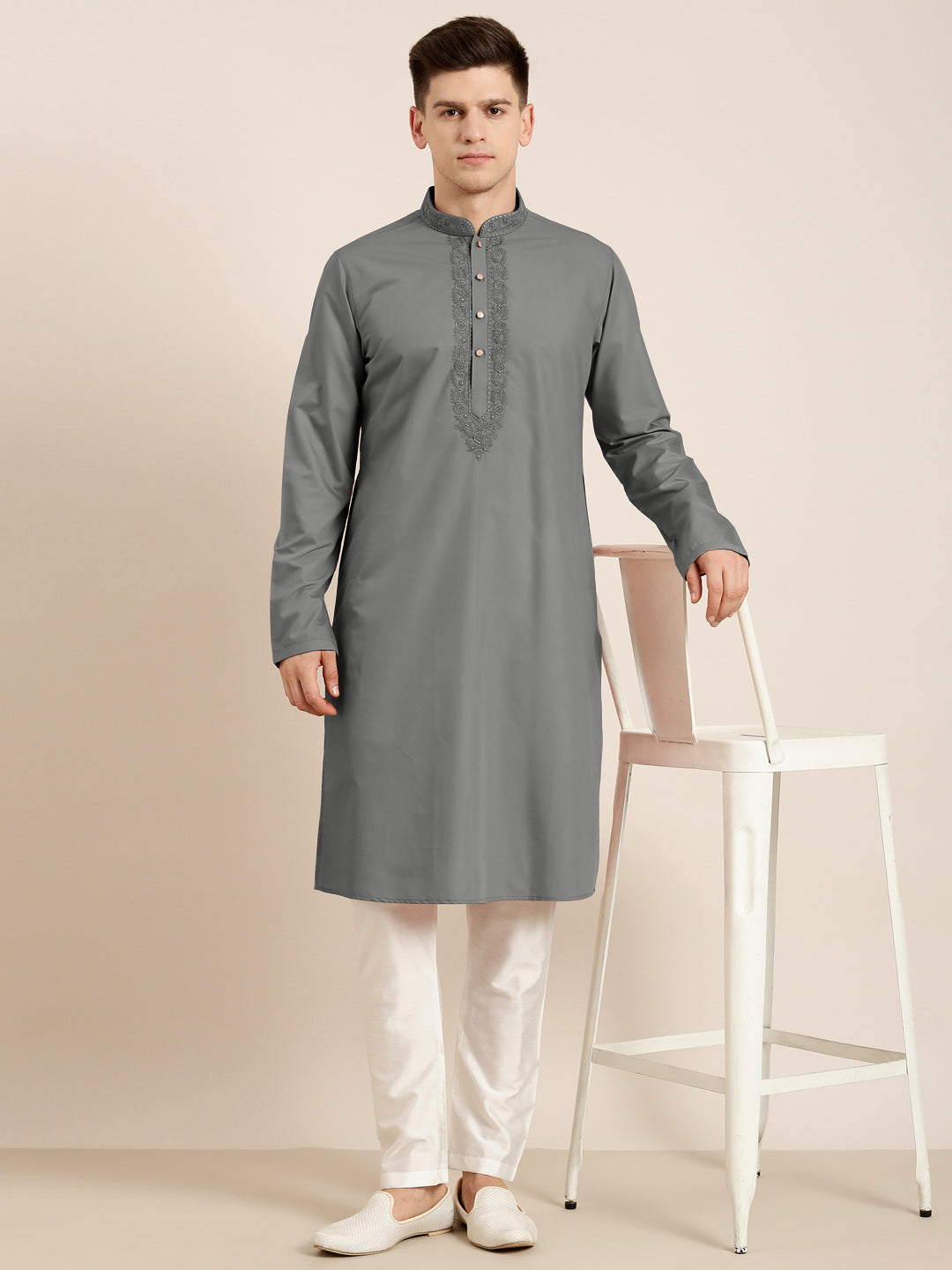 Grey Cotton Dori Embroidered Kurta Set