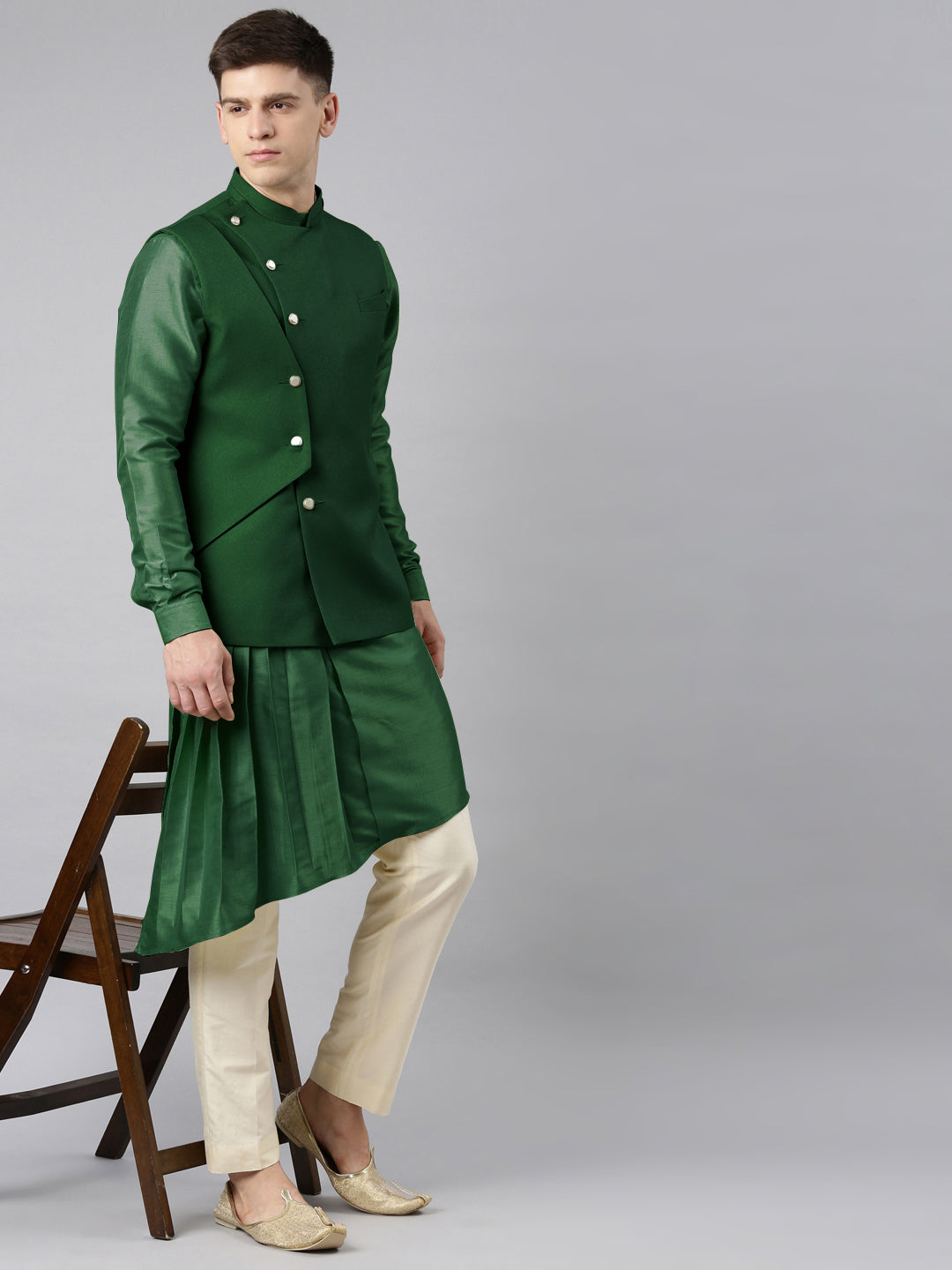 Green Waistcoat Jacket With Mint Crushed Kurta