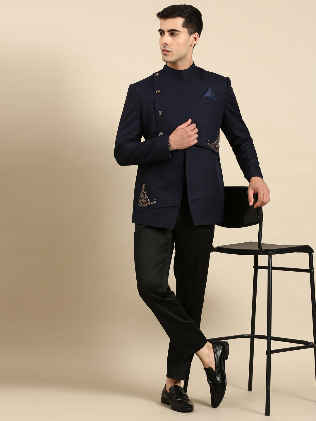 Navy Blue Embroidery Bandhgala