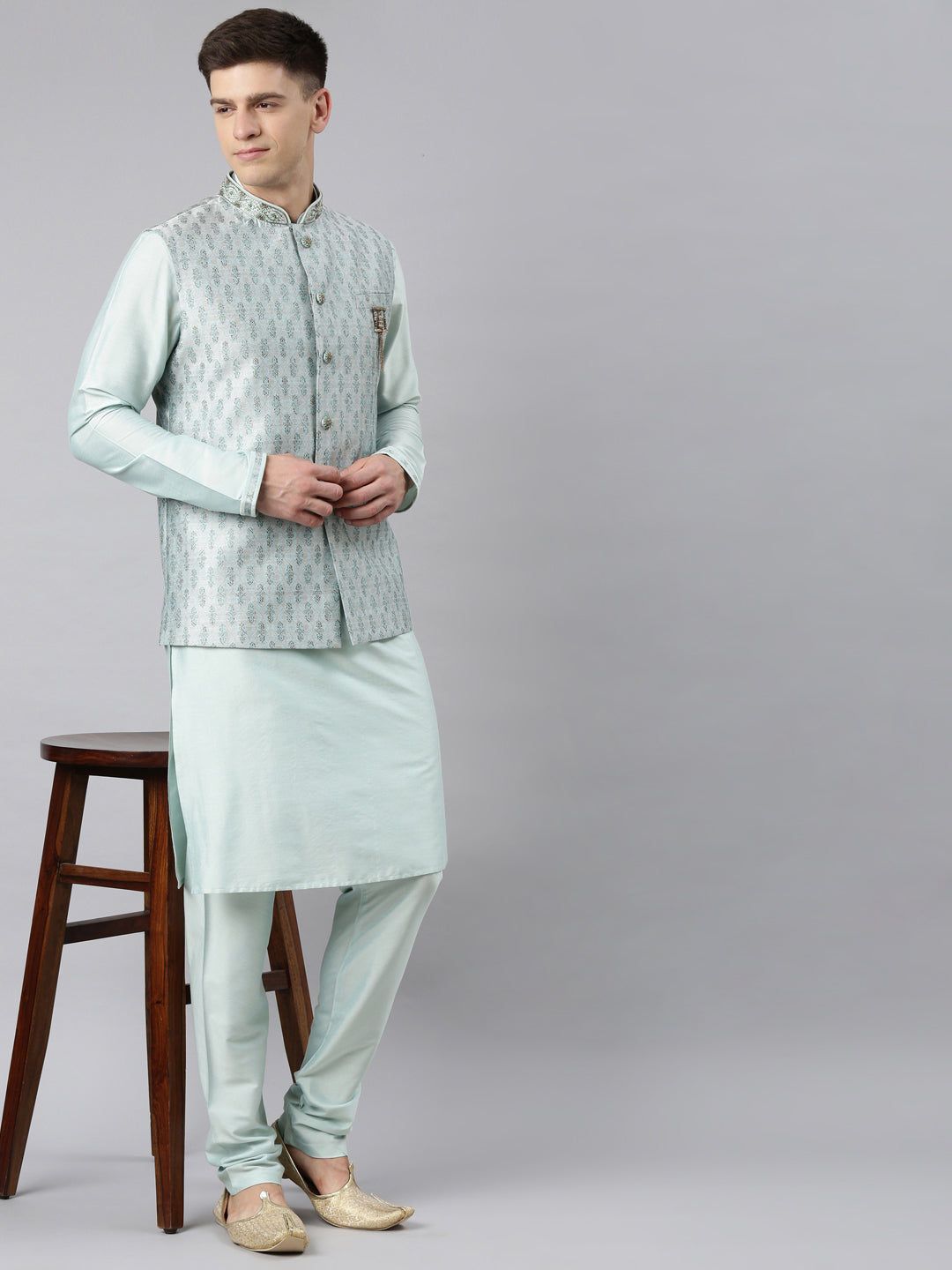 Light Blue Printed Jacquard Jacket W Light Blue Kurta