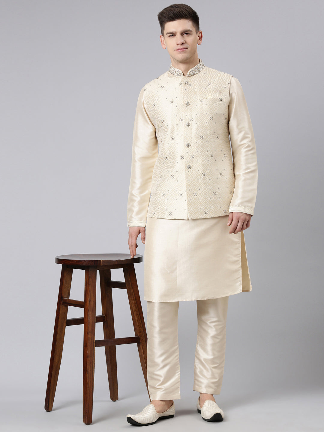 Ivory Gold Jacquard Jacket With Ivory Kurta