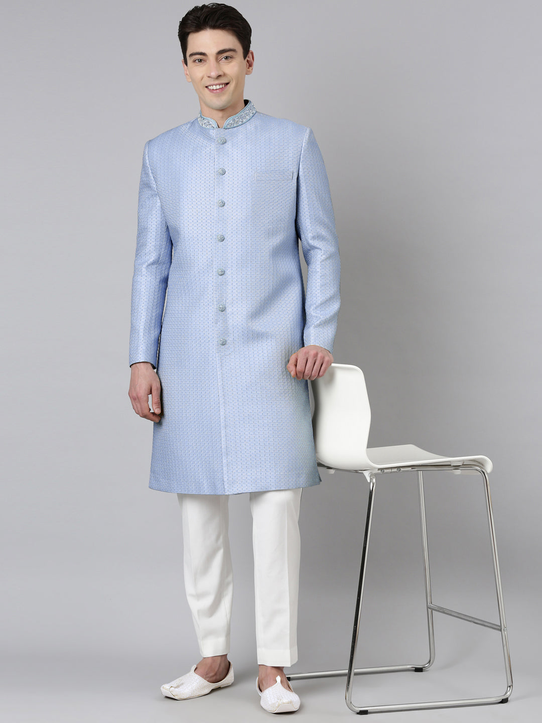 Powder Blue Jacquard Achkan