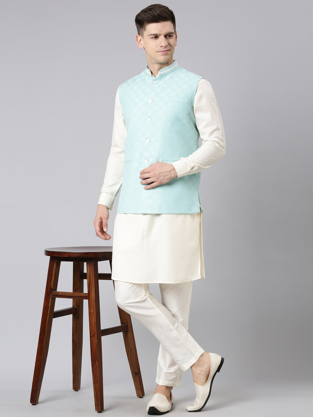 Light Blue Cotton Jacquard Jacket Kurta Set