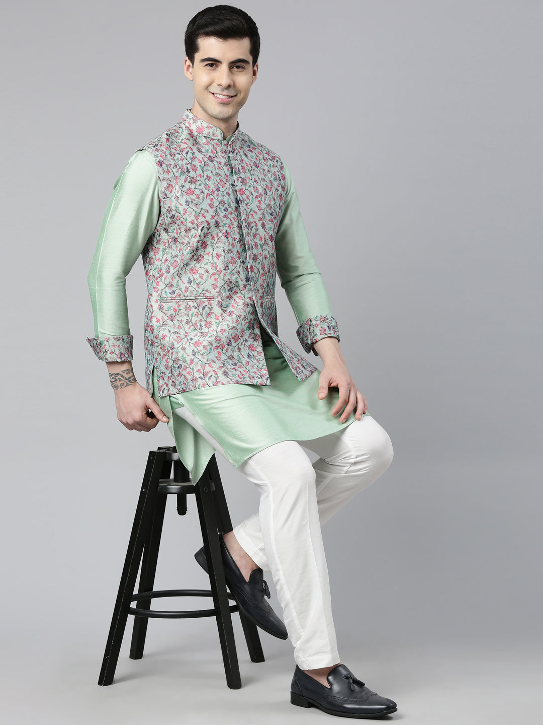 Jade Green Pashmina Print Jacket with Solid Green Short Kurta Set