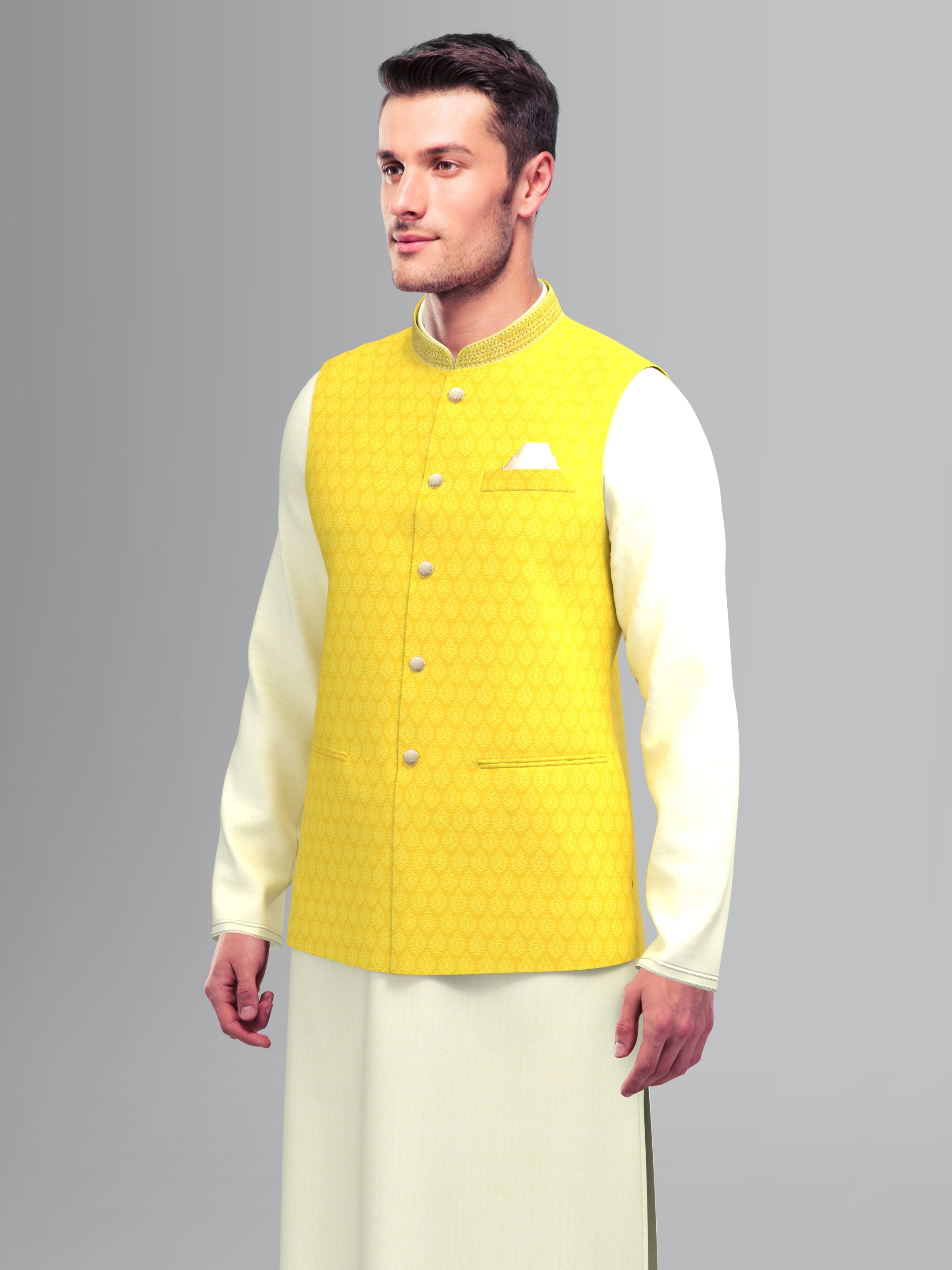 Yellow Jacquard Jacket with Kurta set