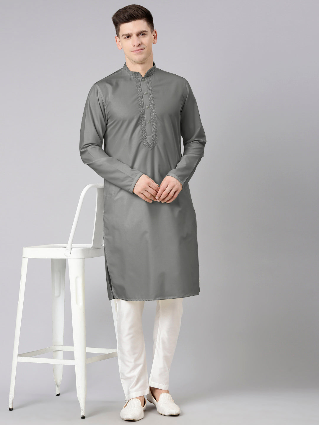 Grey Cotton Dori Embroidery Kurta Set