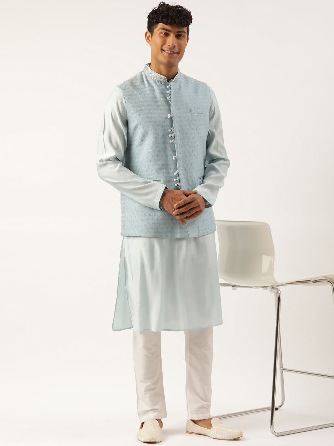 Light Blue Banarasi Jacquard Jacket with Kurta Set