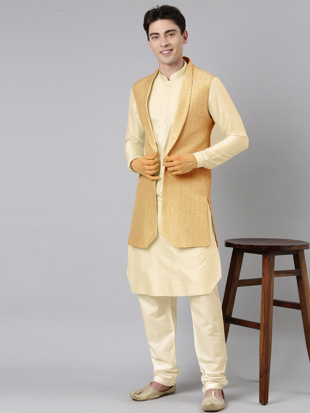 Gold Printed Lapel Style Jacket With Beige Gold Kurta