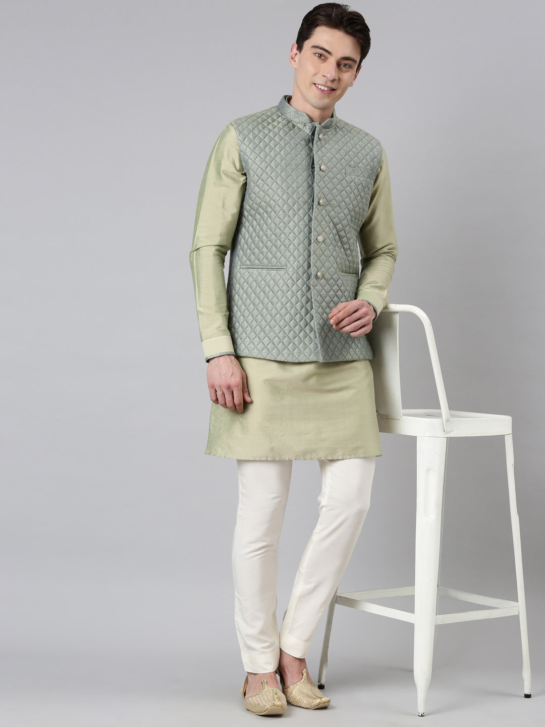 Lime Green Blue Jacquard Quilted Jacket With Green Short Kurta