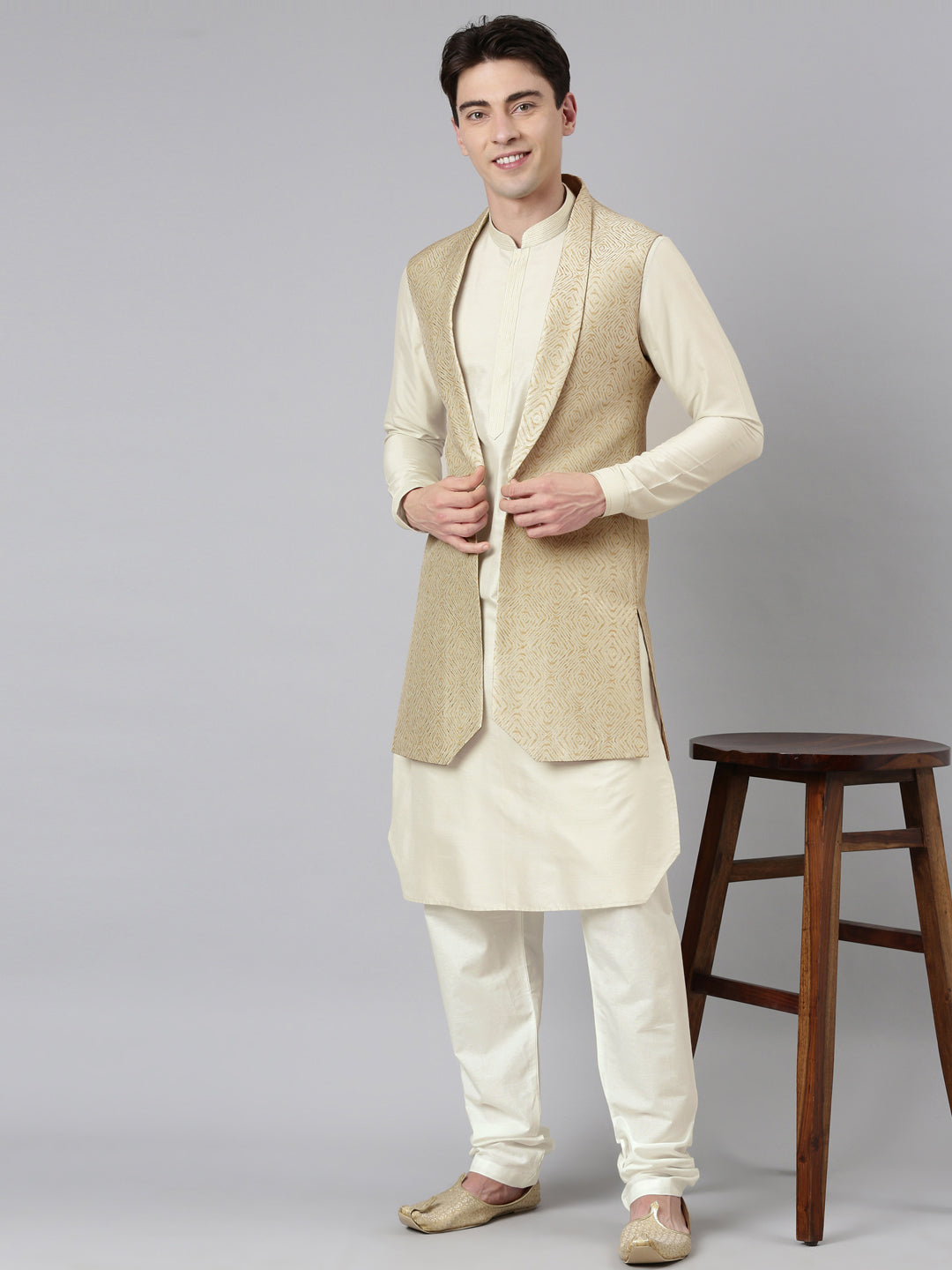 Cream Printed Lapel Style Jacket With Cream Gold Motif Kurta