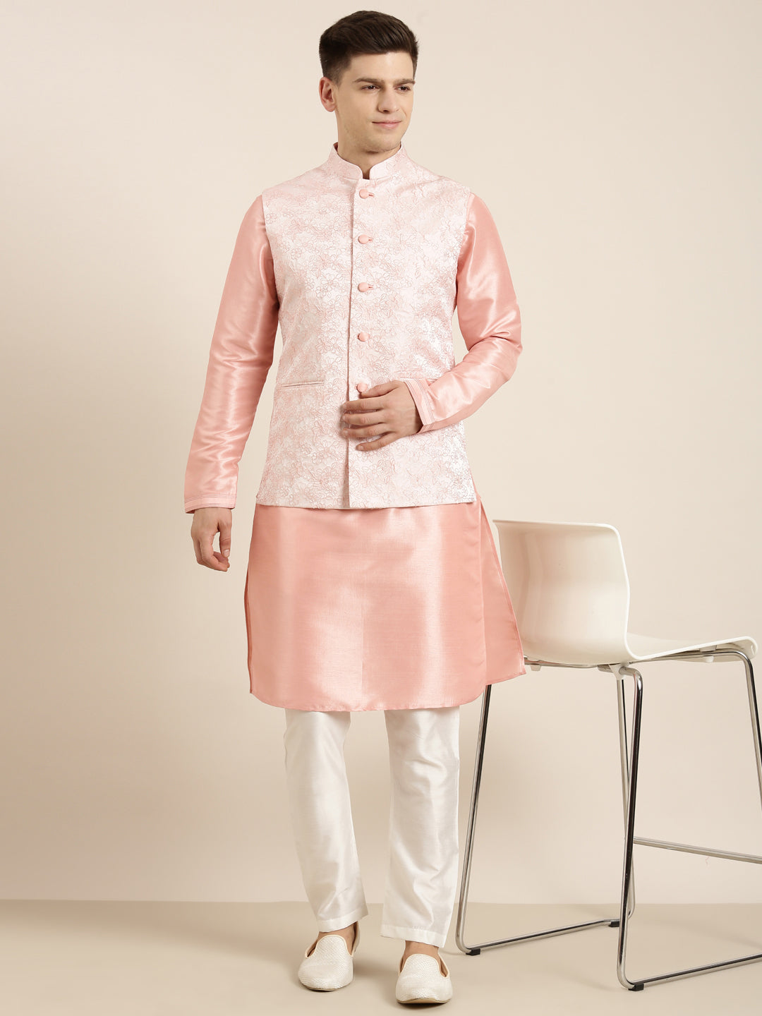 Peach Jacquard Jacket Kurta Set