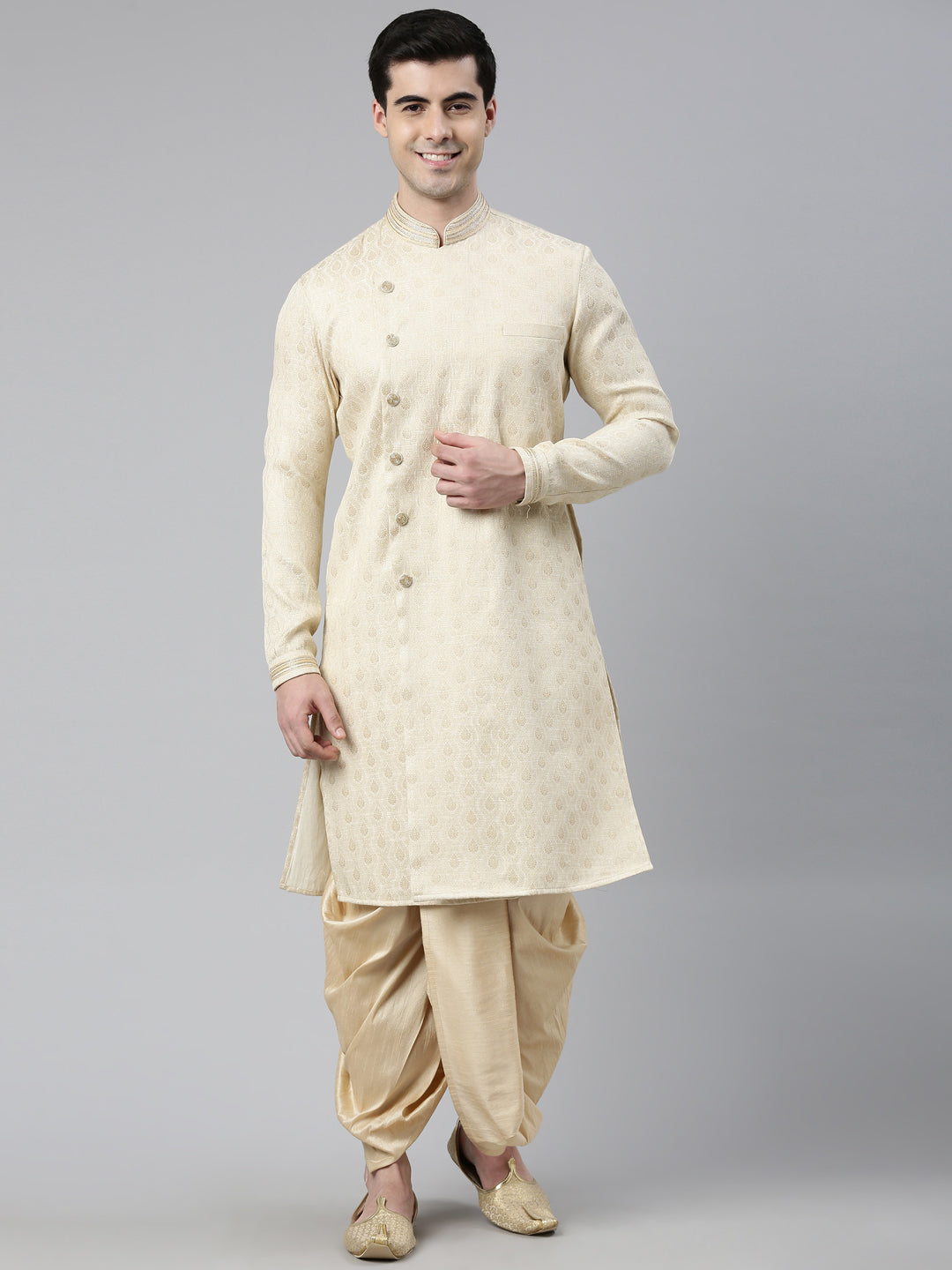 Ivory Gold Brocade Silk Open Kurta Set