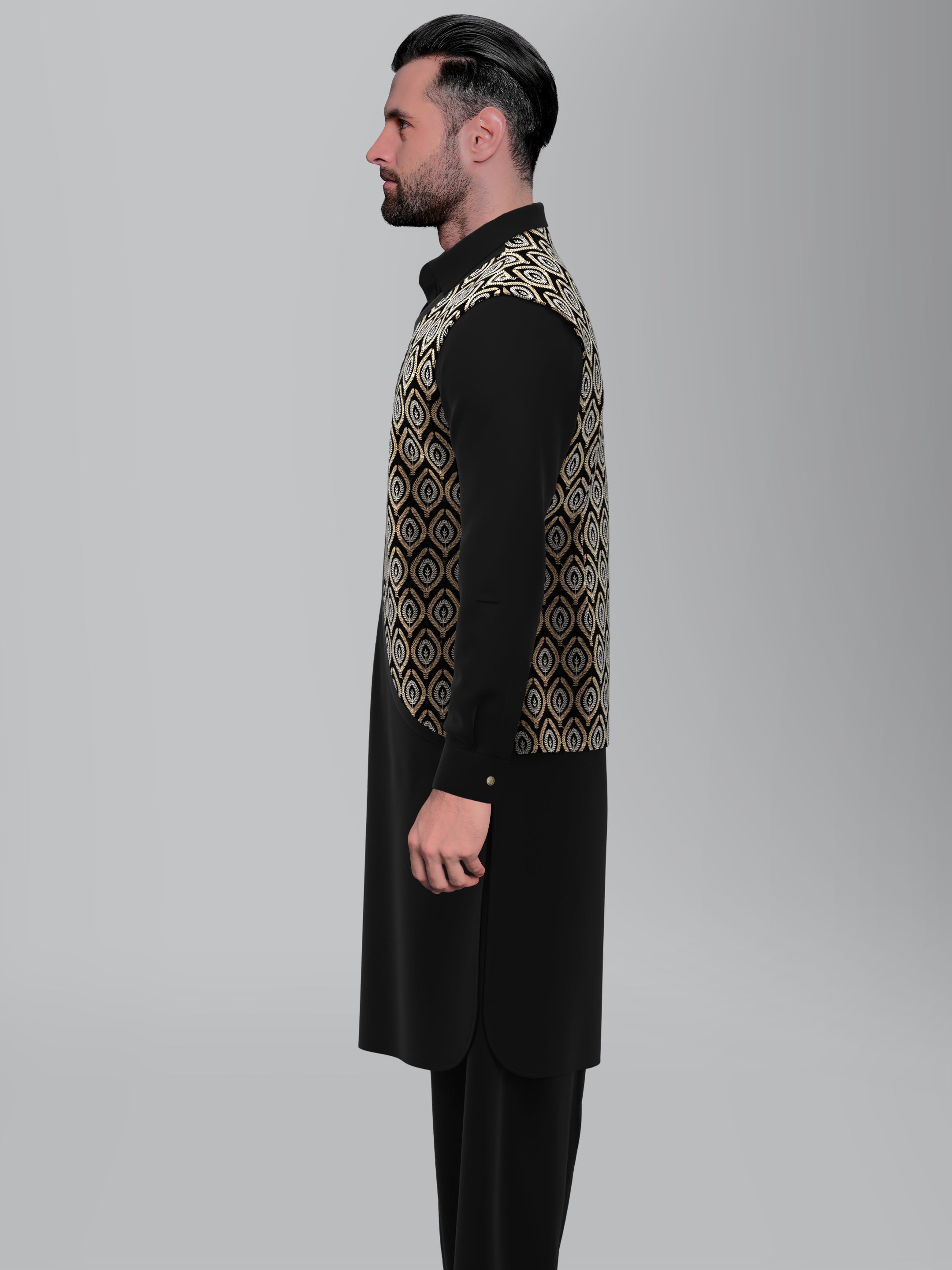 Black Velvet Embroidered Jacket Pathani Kurta Set