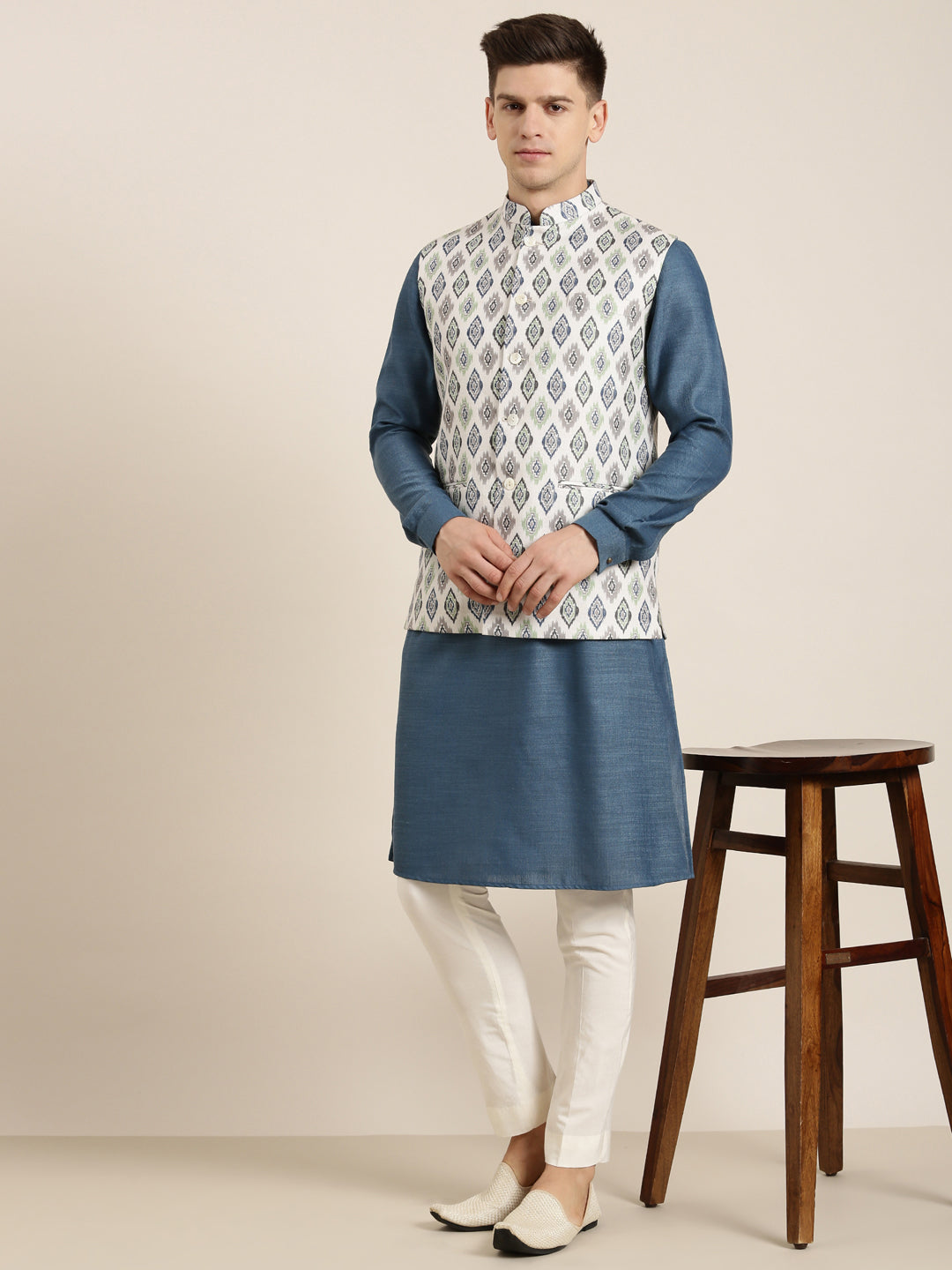 Cream Linen Printed Jacket Kurta Set