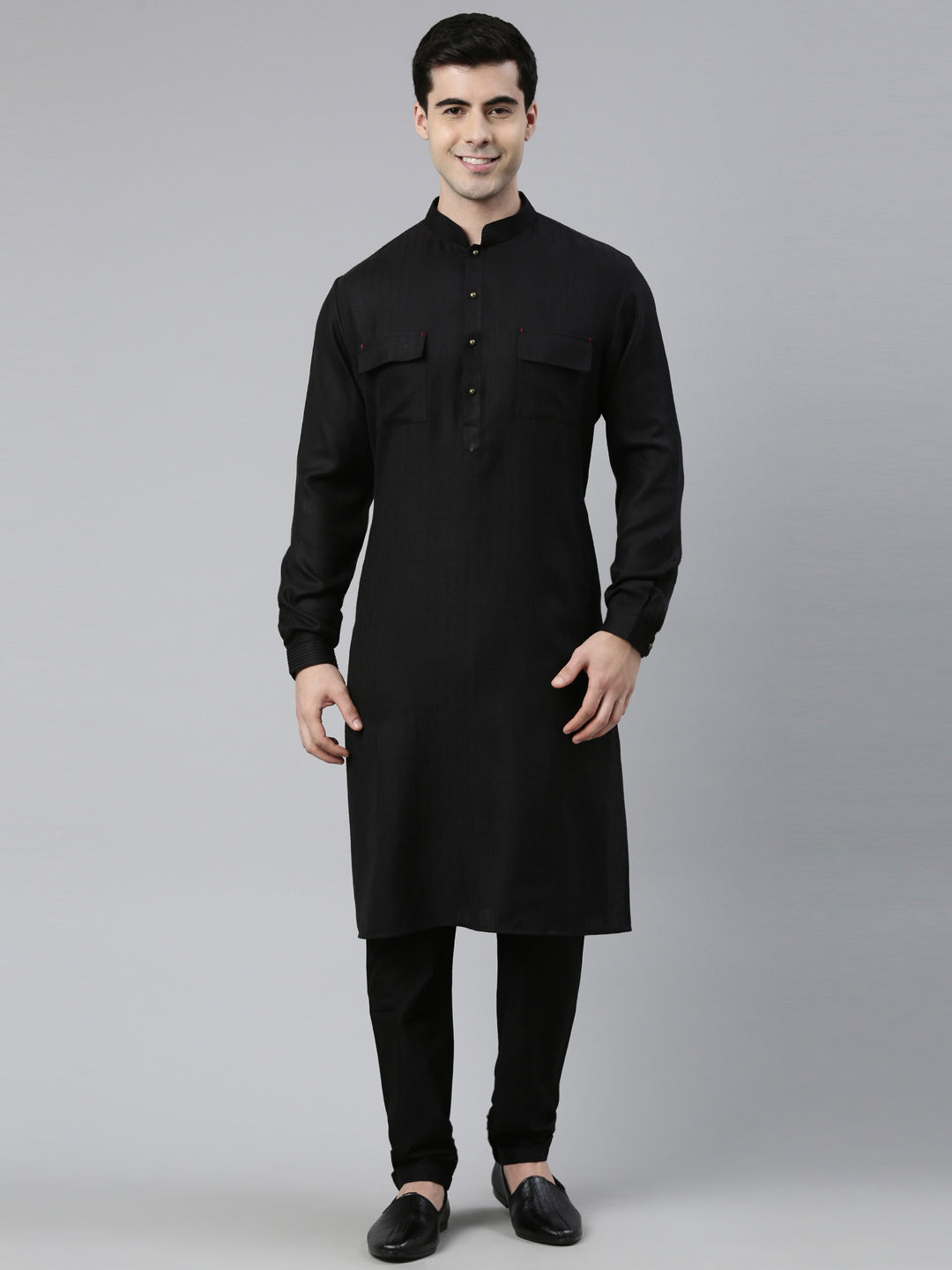 Black Cotton Pathani Kurta Set with Patch pocket