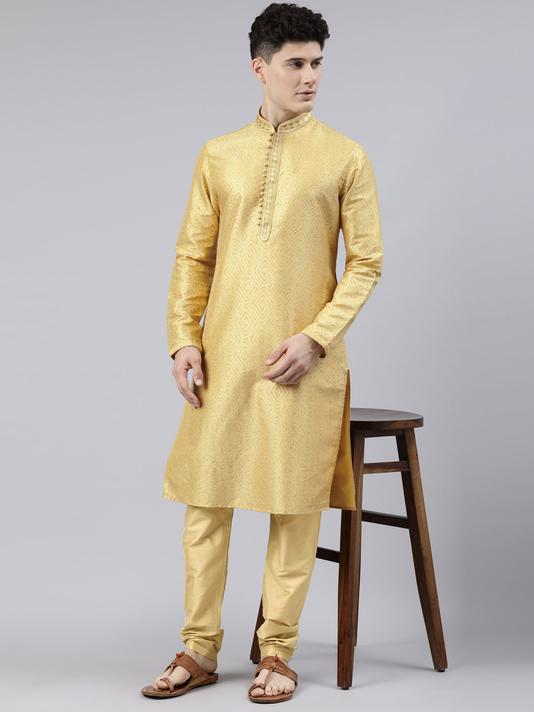 Golden Art Silk Kurta Set with Shining Golden Khadi Print