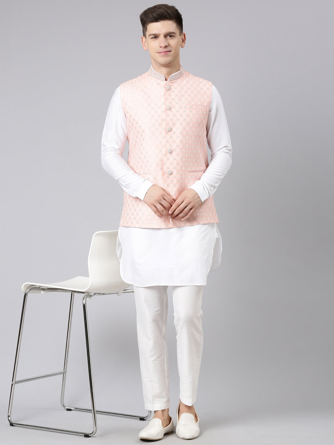 Peach Chanderi Jacket With White Short Kurta