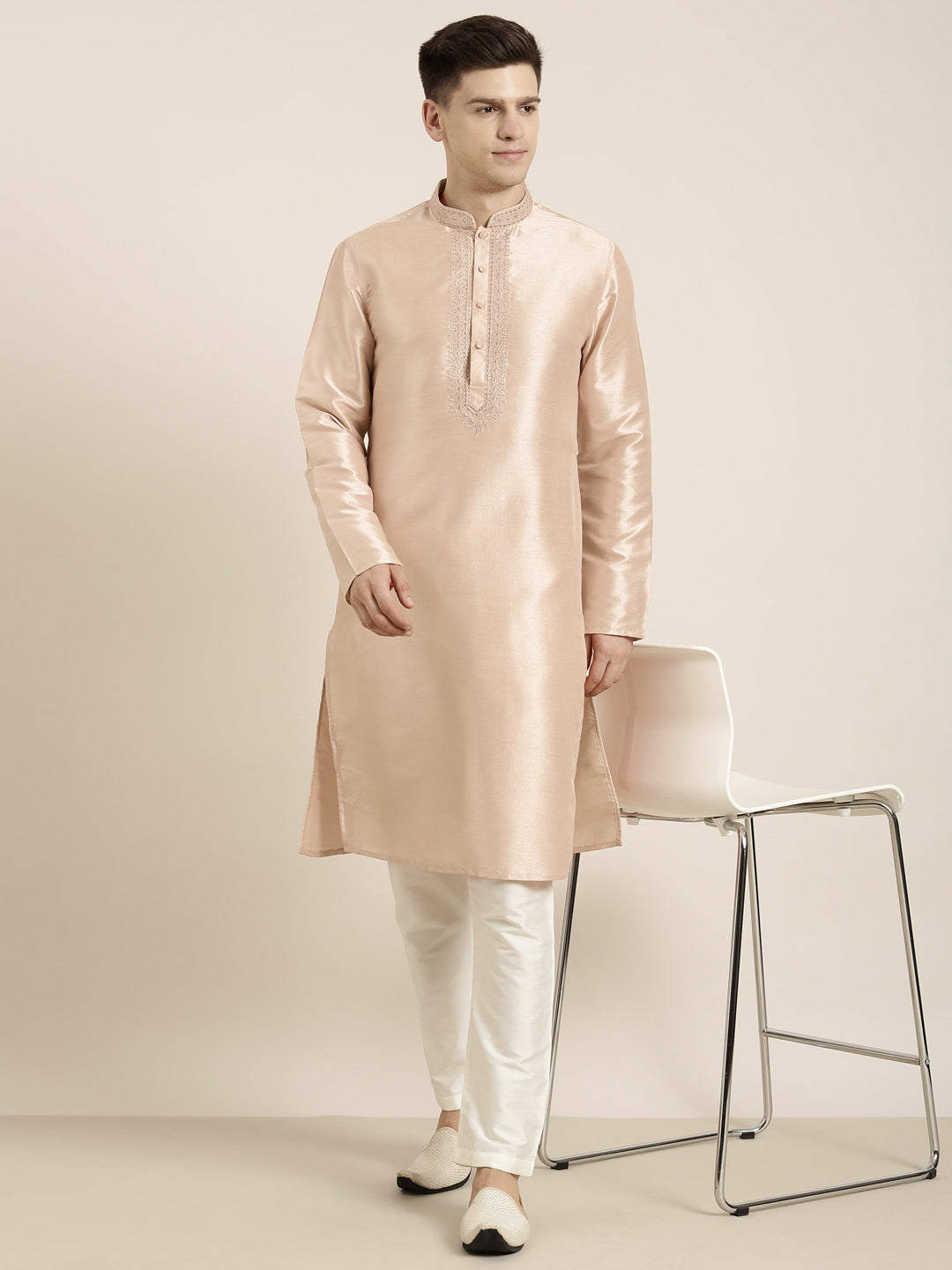 Peach Silk Embroidered Kurta Set