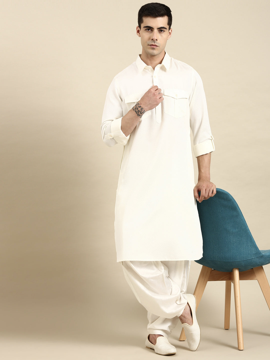 White Cotton Pathani With Salwar