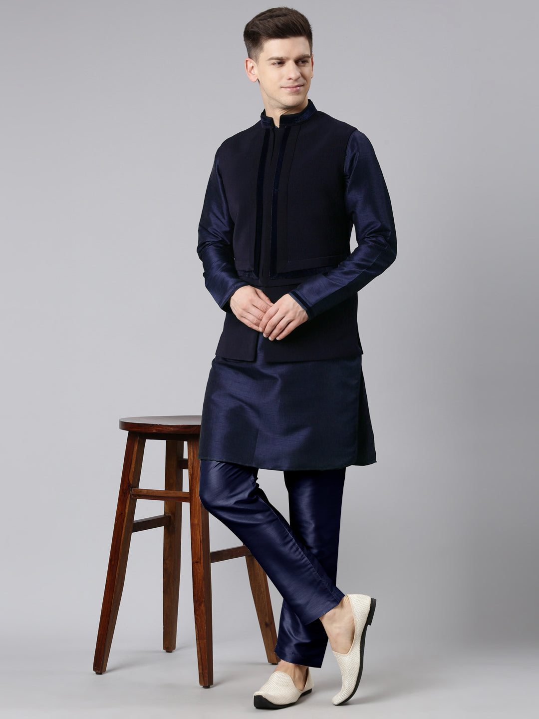 Blue Pleated Jacket Kurta Set