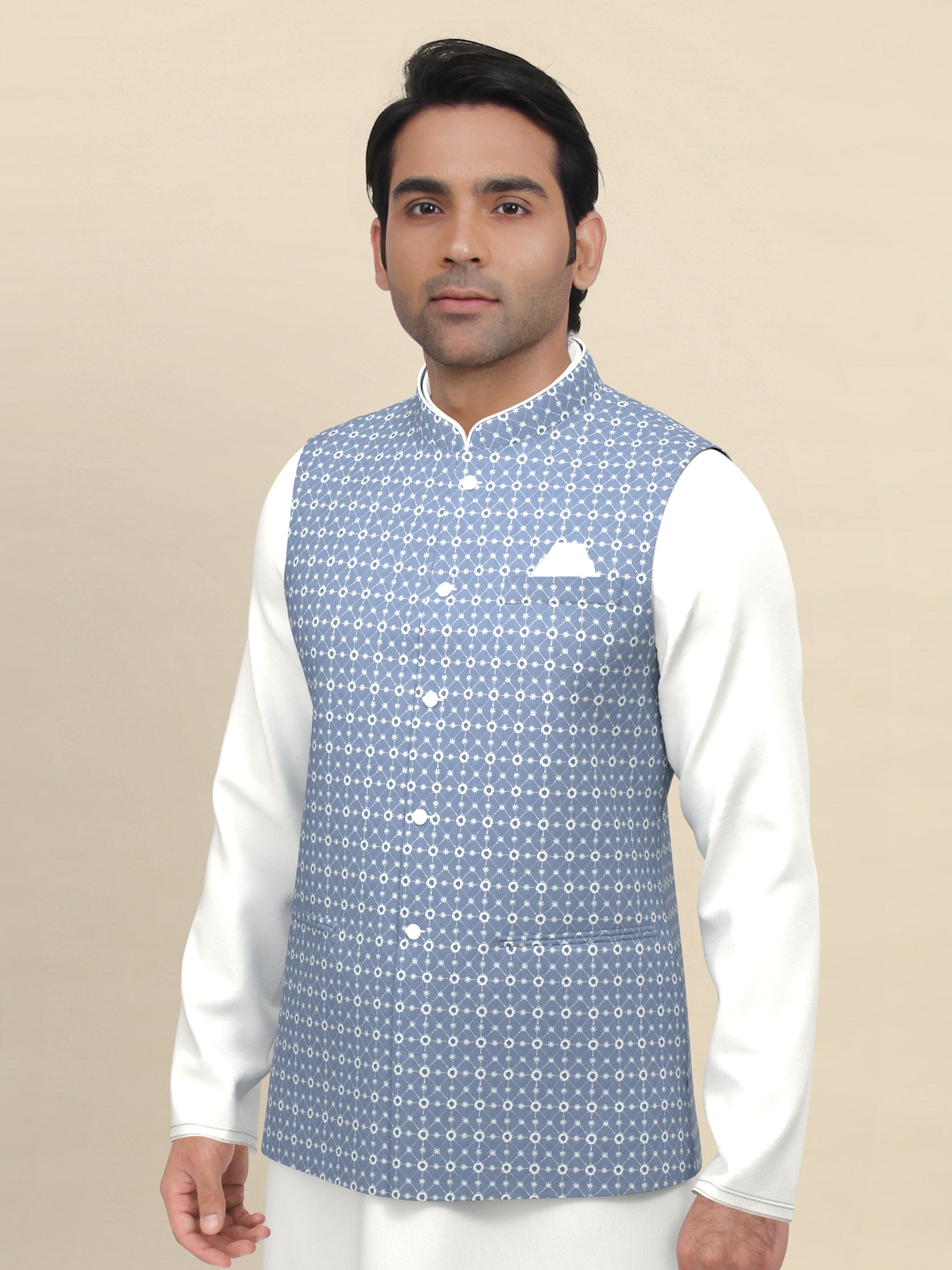 Grey cotton embroidered Jacket Kurta Set