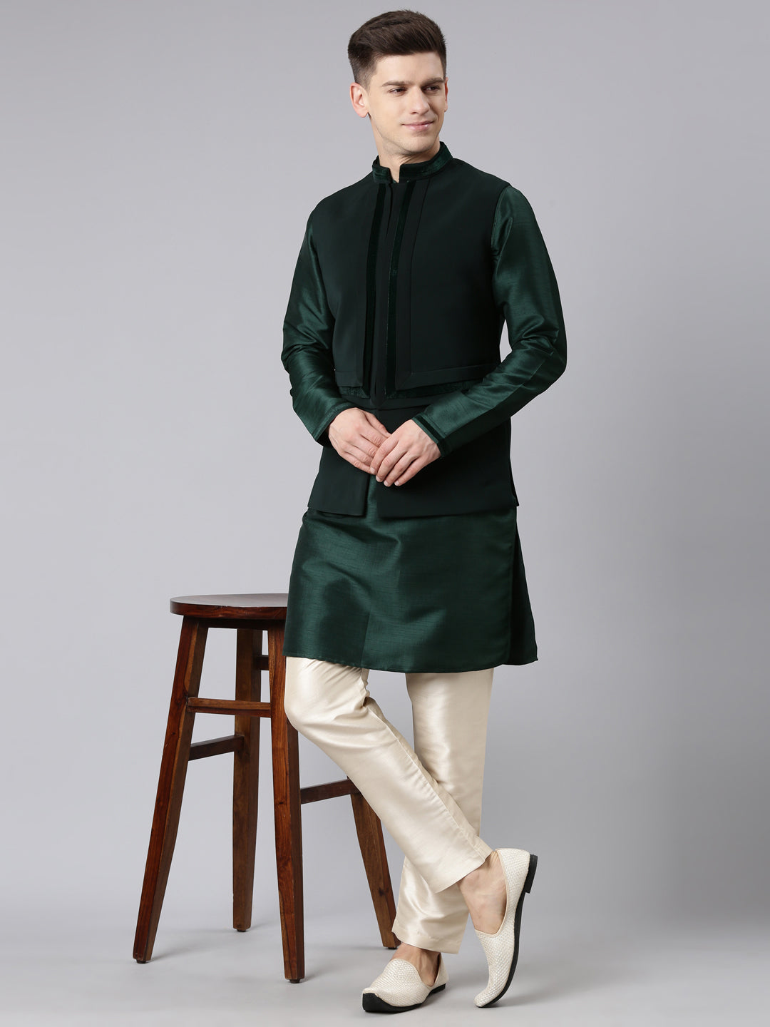 Green Pleated Jacket Kurta Set