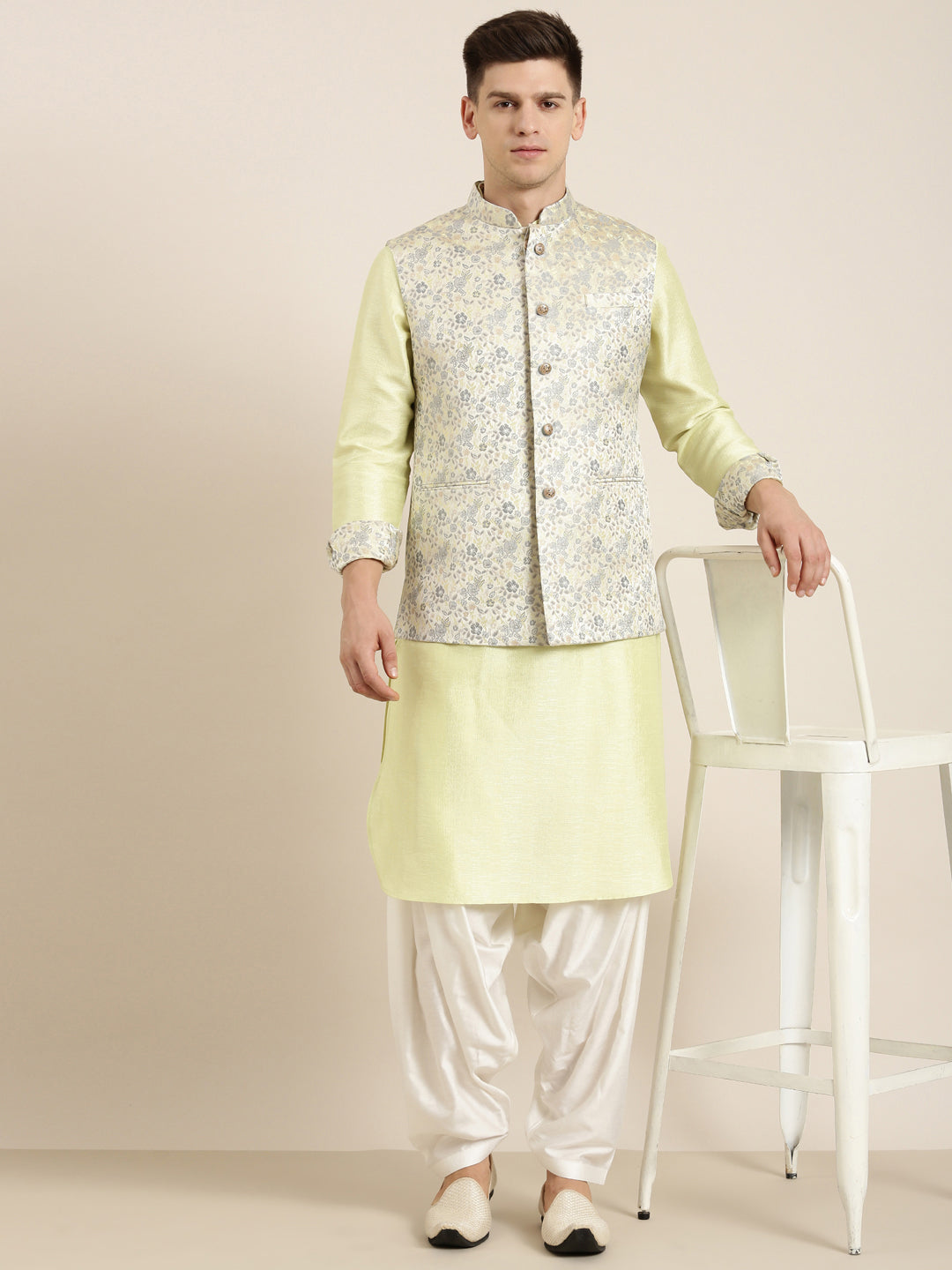 Pastel Green Jacquard Jacket With Kurta Set